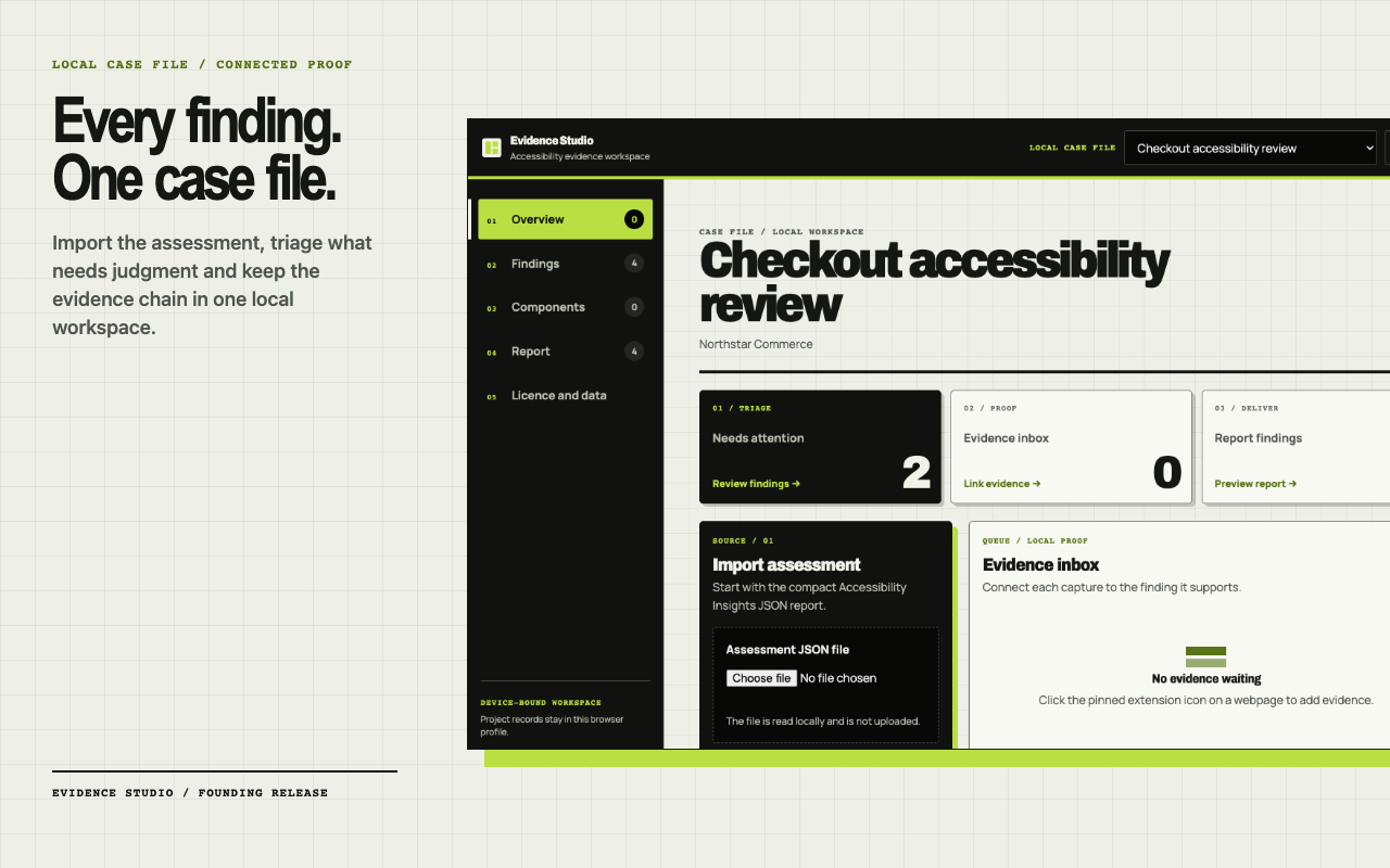 Evidence Studio accessibility findings and report workspace