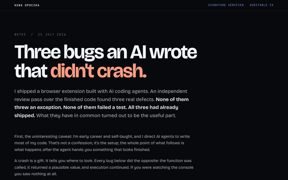 Article explaining three silent bugs found in AI-generated code